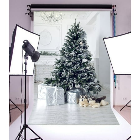 Image of HelloDecor 5x7ft Christmas Photography Backdrop Tree Interior Decorations Fireplace Gift Box White Wall Dog Dolls Scene Photo Background Children Baby Adults Portraits Backdrop