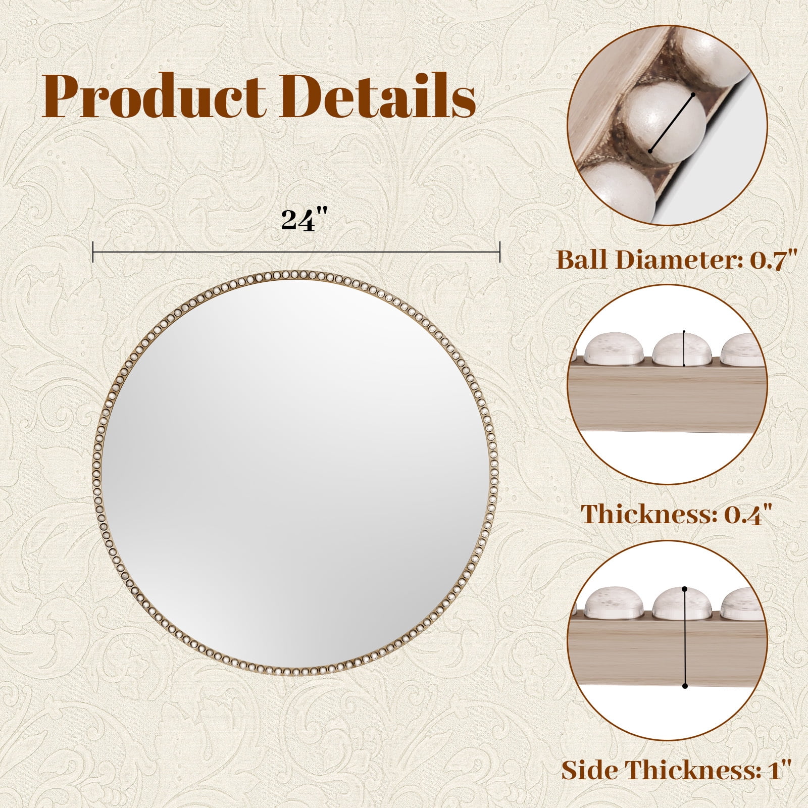 Puremirror 24" Round Bathroom Mirror Decoration Wall Mirror with Beaded Frame, Silver