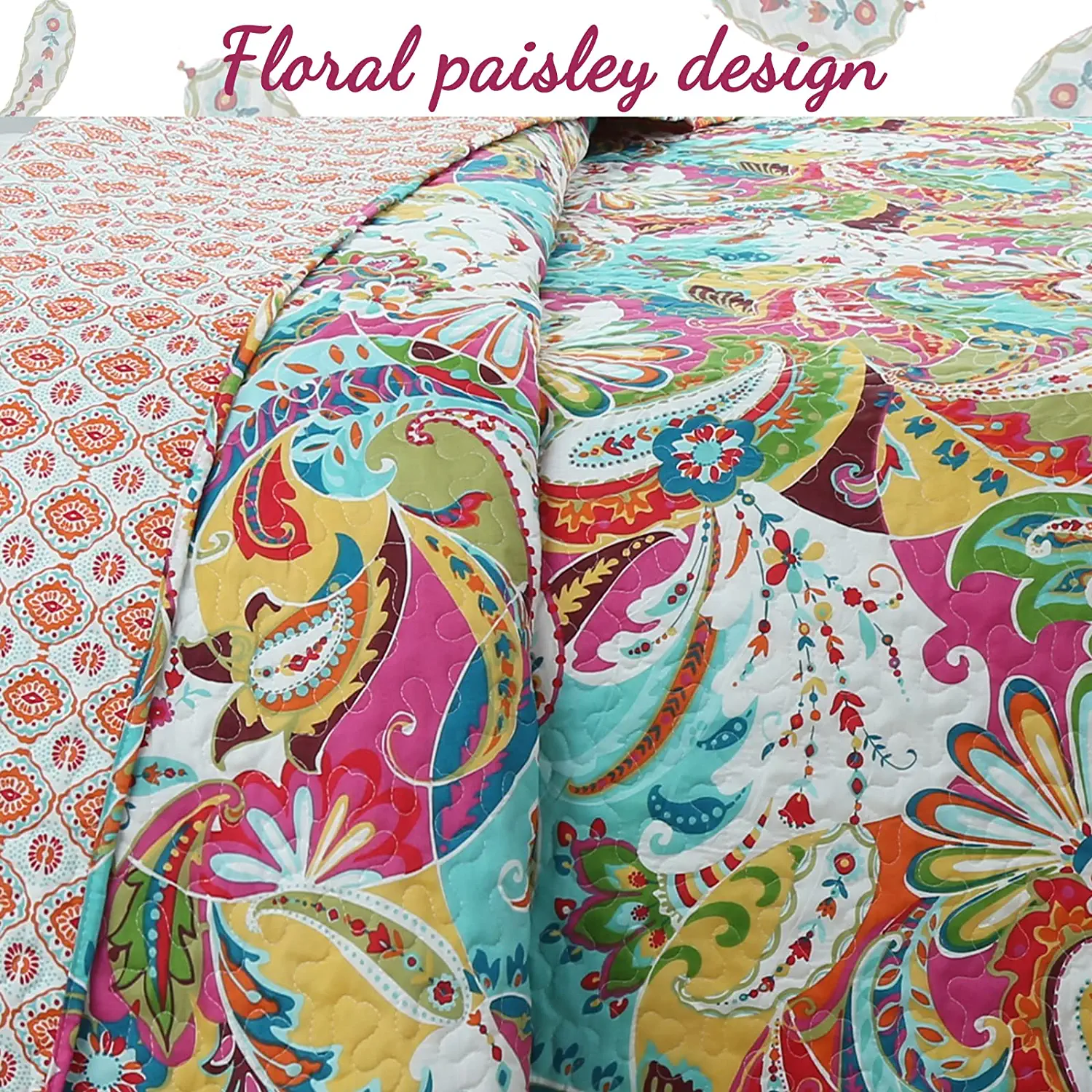 Cozy Line Home Fashions Flourish Colorful Floral Reversible 3-Piece Quilt Bedding Set Queen