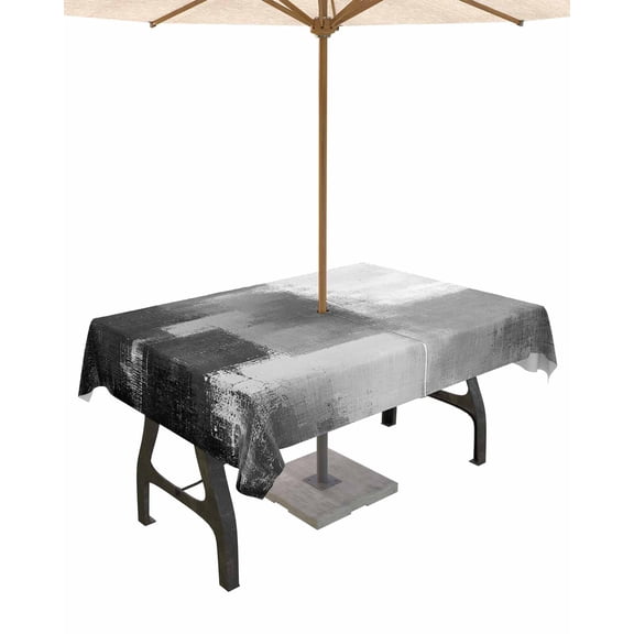 Outdoor Tablecloth with Umbrella Hole for Patio/Picnic/Party/Camping, Grey Waterproof Table Cloth Rectangle Table Cover Washable, Modern Oil Painted Art Abstract Geometric 60"x 102"