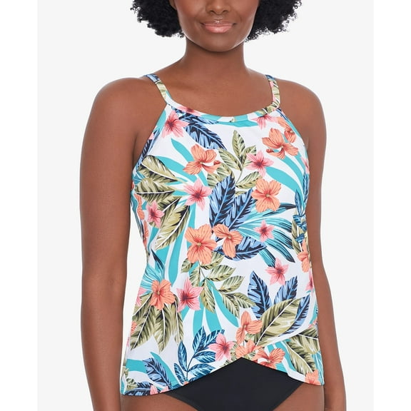 Swim Solutions Printed High-Neck Overlap-Hem Tankini Top, Multi, 10