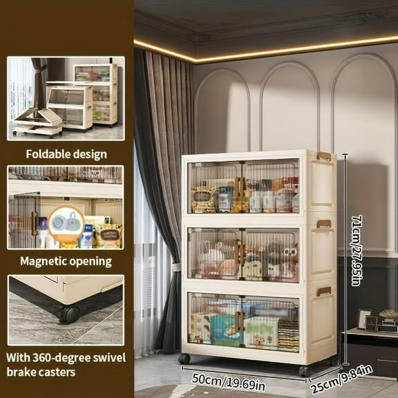 3/4/5/6-Tier Foldable Storage Cabinet with Clear Doors & Wheels - Large Plastic Organizer for Clothes, Toys, Books - Space-Saving for Bedroom, Closet, Laundry
