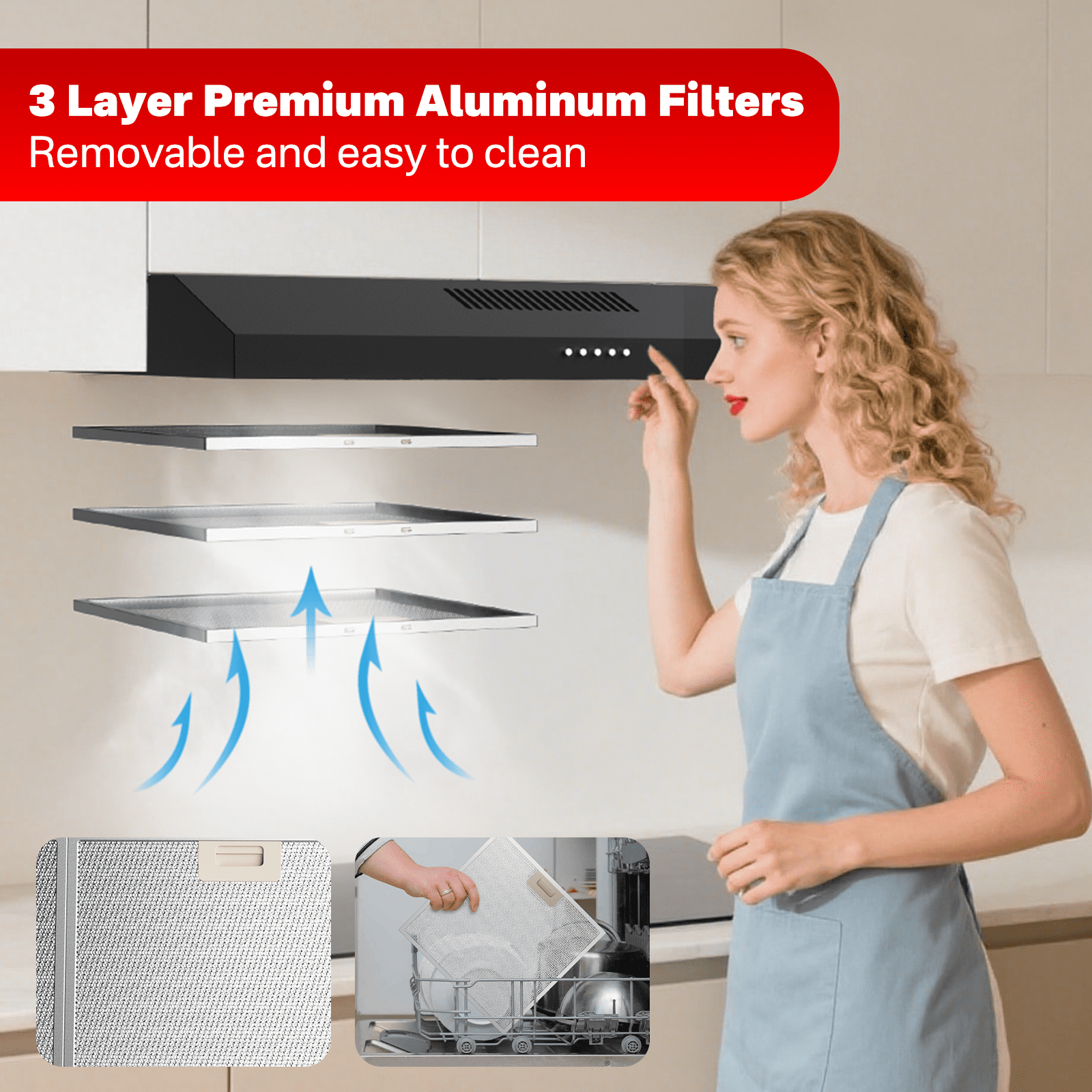 Nardea 30 Inch Under Cabinet Range Hood, 300 CFM Black Kitchen Stove Vent Hood, Ducted/Ductless Convertible with LED Lights & Dishwasher-Safe Filter, Plug-In 120V Exhaust Fan
