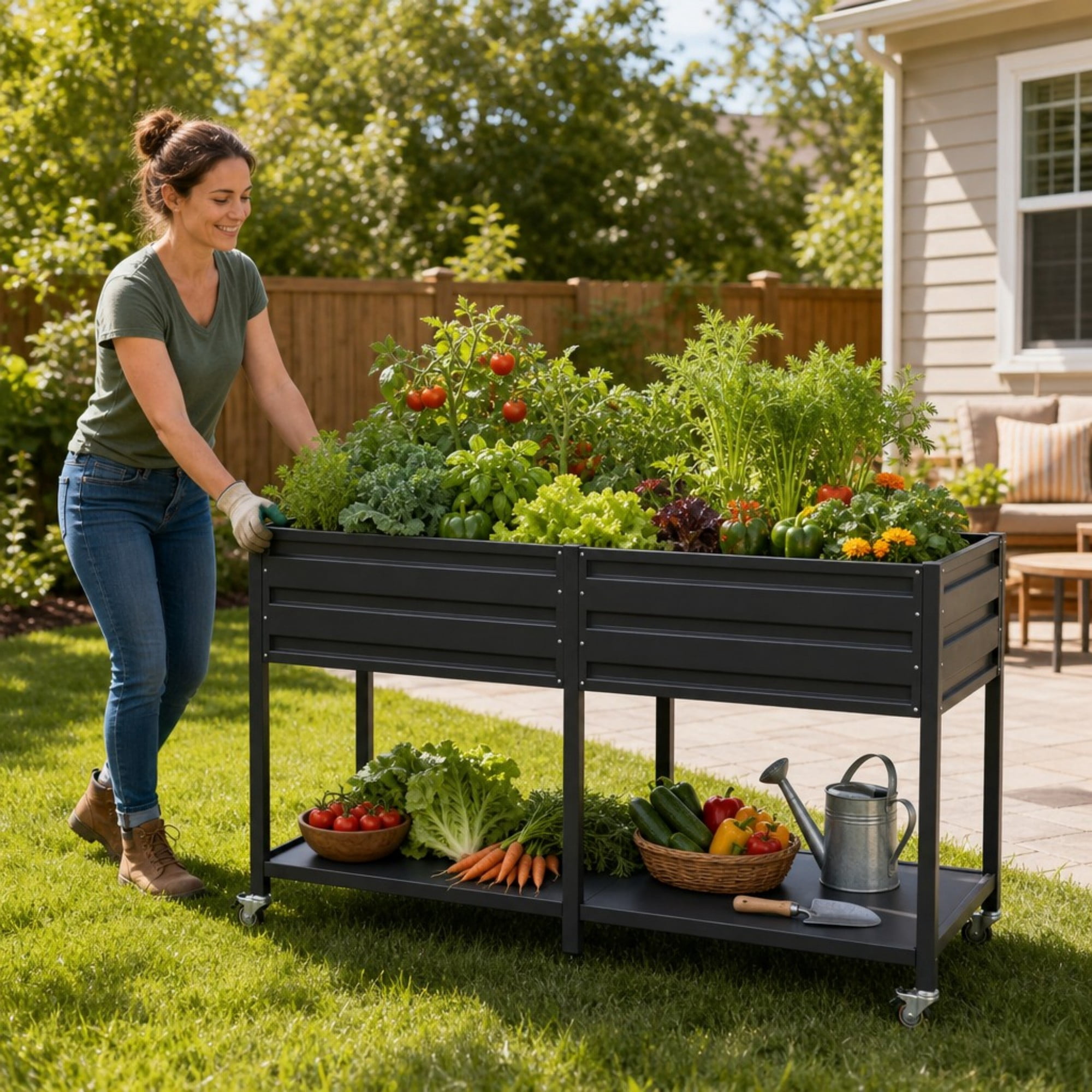 Aukfa 2-Tier Elevated Raised Garden Bed with Lockable Wheels, 37.8" Tall Outdoor Galvanized Metal Planter Box for Vegetables, Herbs, Flowers, Patio Backyard Garden, Black