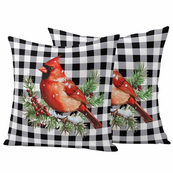 Outdoor Throw Pillows Covers 16x16inx2 Set Of 2 Waterproof Red Cardinal Bird Christmas Decorative Zippered Cushion Covers for Patio Furniture, Holly Berry Black Buffalo Plaid Lumbar Pillowcases,