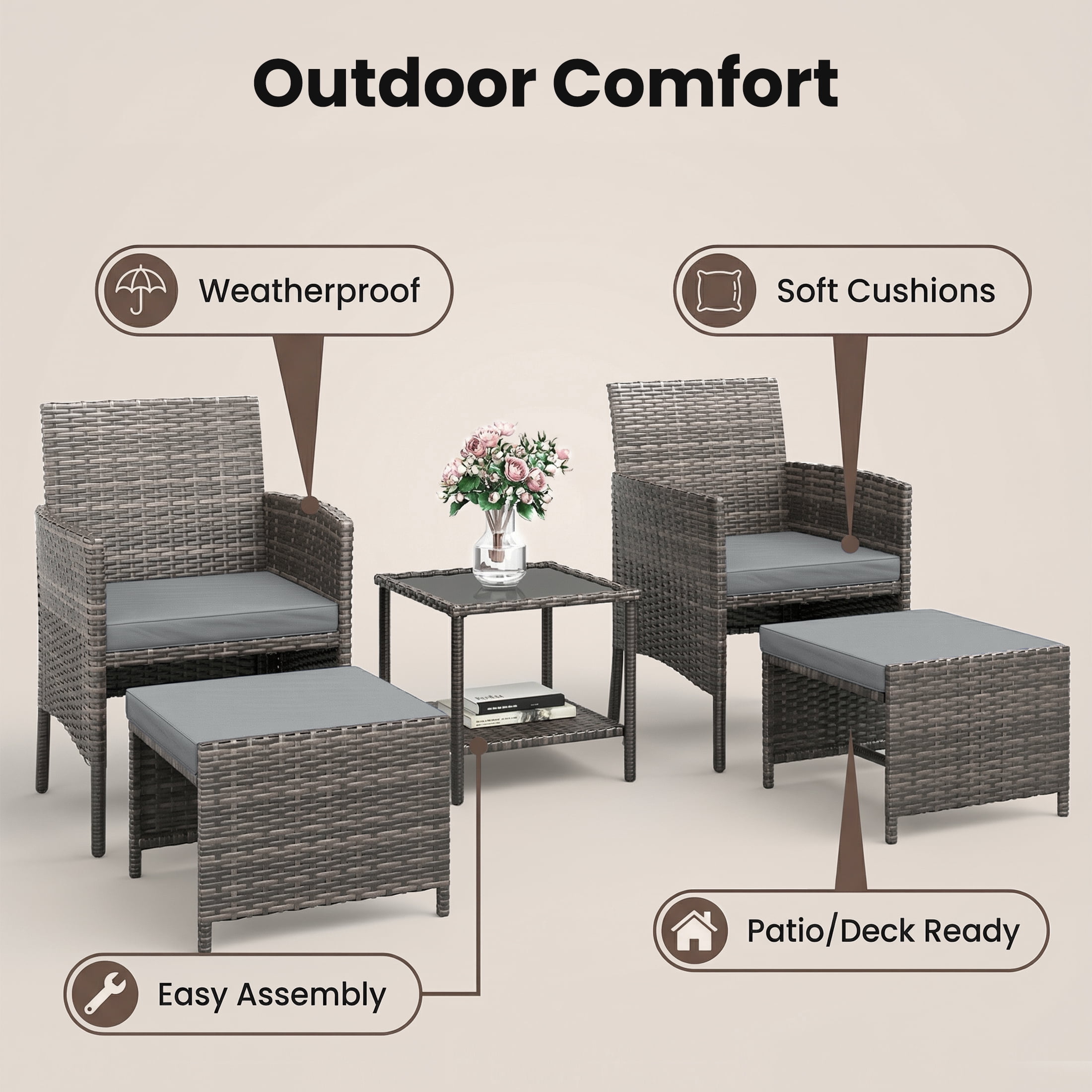 UDPATIO Balcony Furniture 5 Piece Patio Furniture Set, Outdoor Grey Wicker Chairs with Ottoman, Grey