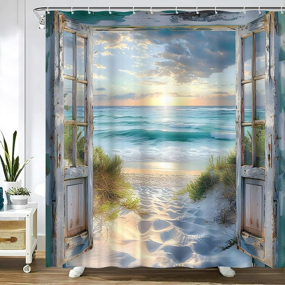 Beach Barn Door Shower Curtain Blue Ocean Sea Wave Retro Farmhouse Wood Rustic Beachy Nautical Coastal Seaside Sea Hawaiian Sunset Landscape Fabric Bathroom Decor Curtain Sets with Hooks 72" WX72" H