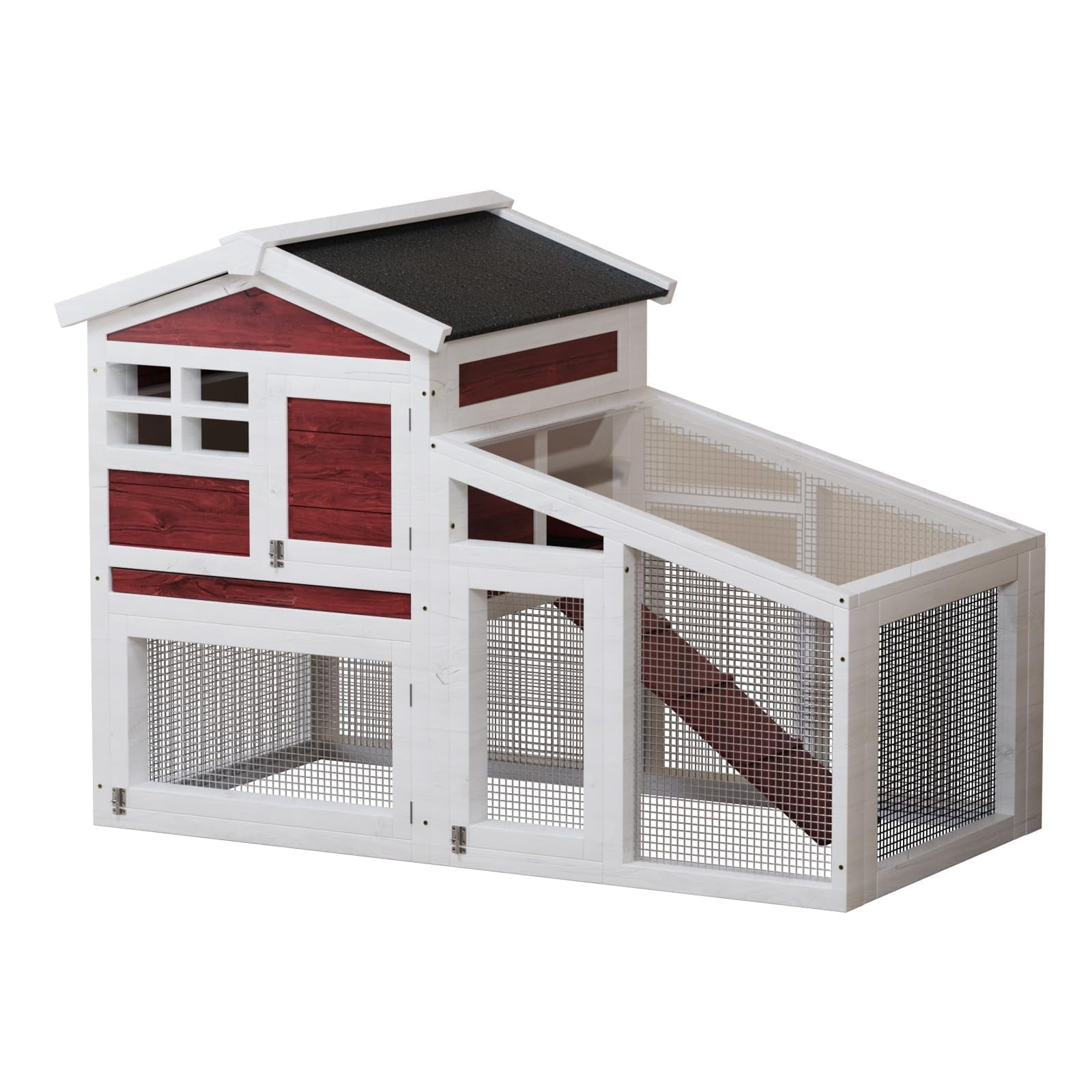 Expandable 2-Story Wooden Small Animal Cage – Anti-Chew Metal Frame, Pull-Out Tray, Non-Slip Ramp, Weatherproof Asphalt Roof – Ideal Hutch for Rabbits, Guinea Pigs, Chickens, Ducks – Rufous White