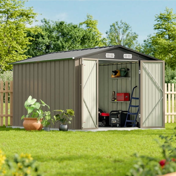 10x8 FT Outdoor Storage Shed, Brown | Metal Tool ShedsWith Shelves, Lockable Door, Sloping Roof, Utility Garden Shed for Lawn Backyard Patio