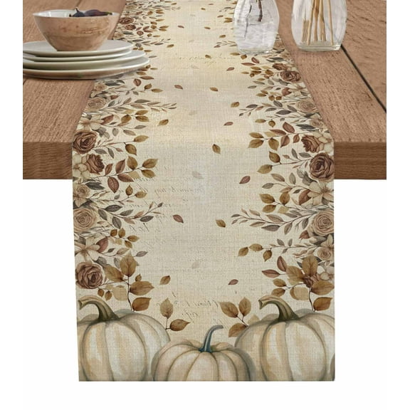 Beige Pumpkin Fall Table Runner 48 Inches, Thanksgiving Roses Eucalyptus Vintage Bed Runner Dresser Scarves Tabletop for Indoor Outdoor Parties/Ceremony/Banquet, 13" x 48"