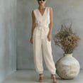 thumbnail image 2 of Women's Summer 2 Piece Outfits Sleeveless V Neck Belted Crop Tops Wide Leg Pant Sets Casual Tracksuit Beige, 2 of 7