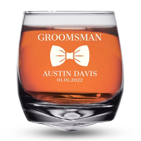 

PERSONALIZED Groomsman s Wedding Luxury Gentleman Whiskey Glass Gift - Old Fashioned Glass Engraved with Swirling Feature 9.5 oz Bowtie