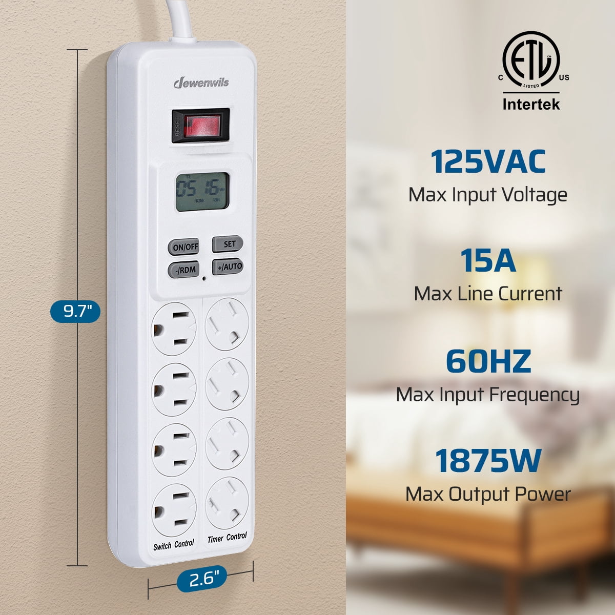 DEWENWILS 8-Outlet Power Strip with Timer (4 Timed/ 4 Always On), Digital Timer Outlet for Reptile Light, Turtle Grow Light Indoor Bearded Dragon Tank Accessory Aquarium, 6ft SJT Cord, 15A