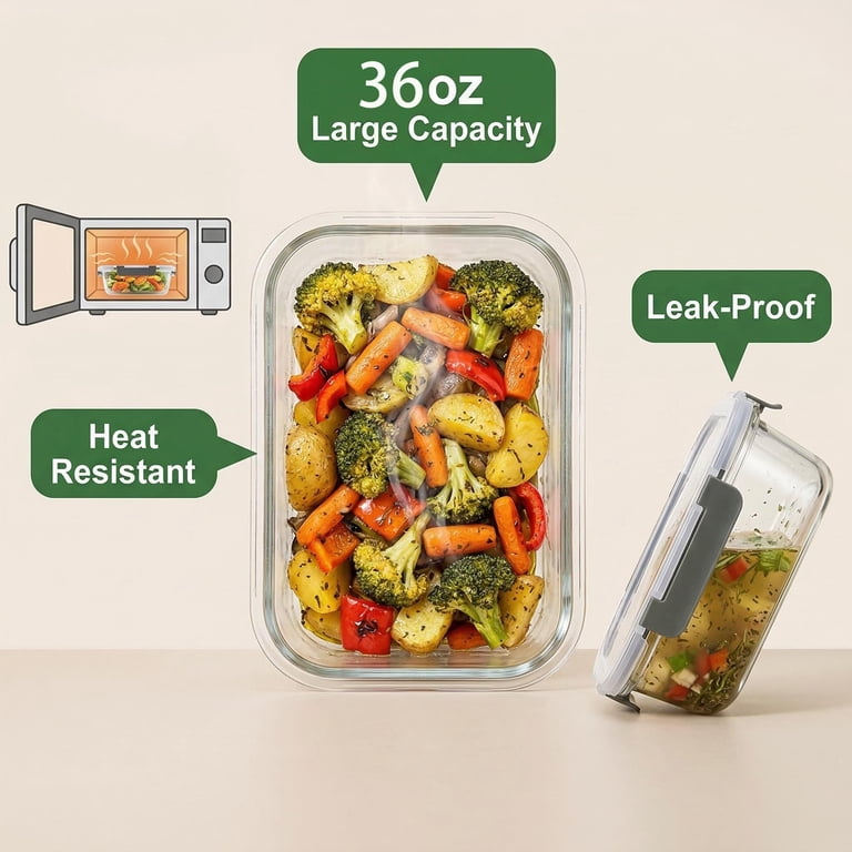 SHIGEER 5-Pack 36oz Glass Meal Prep Containers Borosilicate photo 4