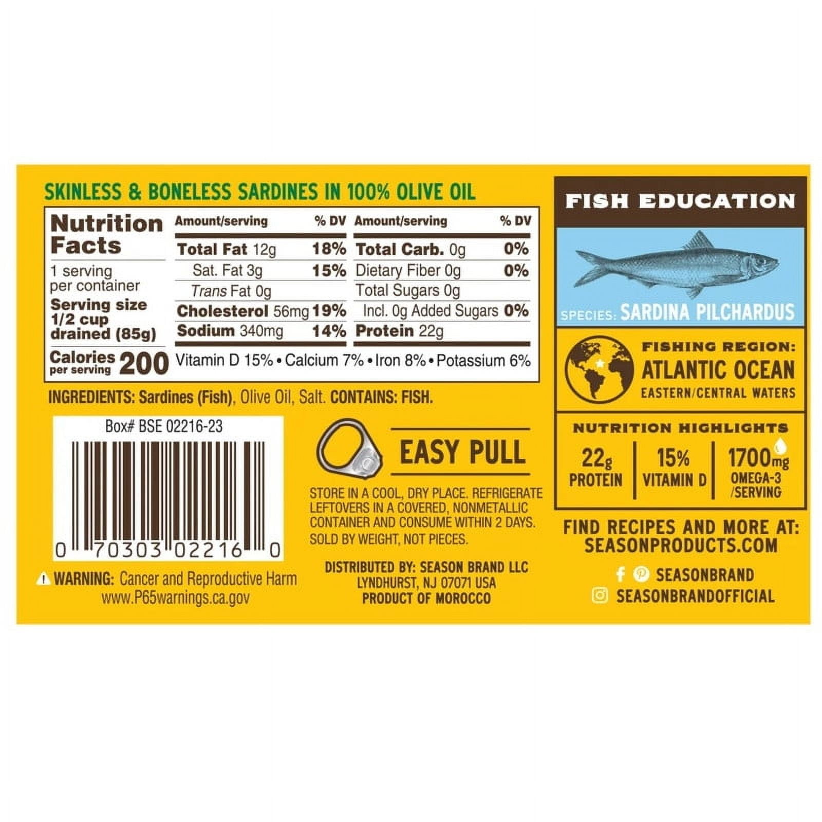 Season Sardines in Pure Olive Oil 4.375 oz - 12 Pack