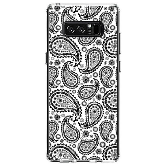 DistinctInk Clear Shockproof Hybrid Case for Samsung Galaxy Note 8 - TPU Bumper, Acrylic Back, Tempered Glass Screen Protector - Black & White Paisley