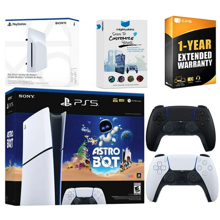 Sony PlayStation 5 Astro Bot Slim Digital Bundle with Disc Drive, Extra Controller, MightySkins Voucher and 1 Year Extended Warranty - Midnight Black