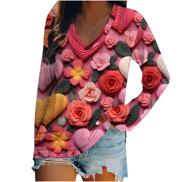 Birdeem Womens Fashion Valentines Day V-neck Heart Flower Print T-Shirts à Manches Longues Tops