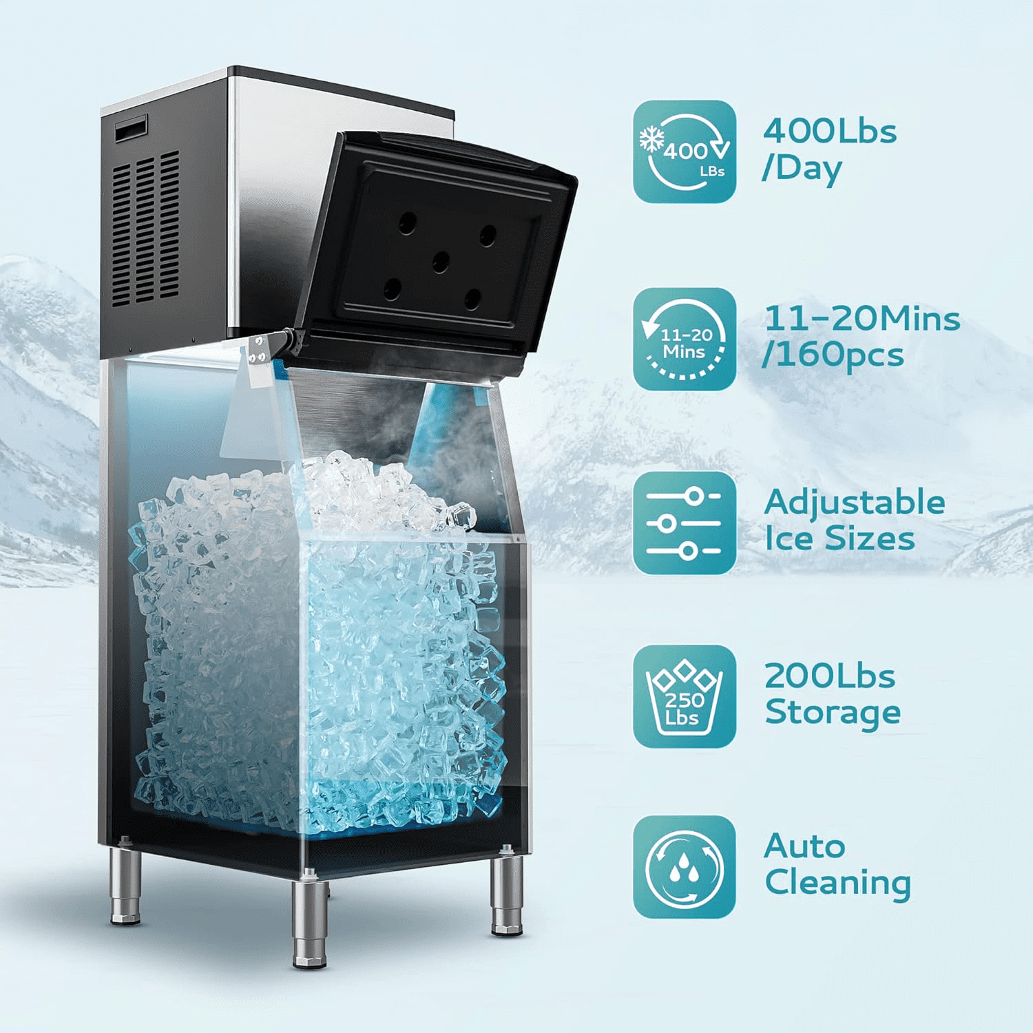 Commercial Ice Maker  400Lbs/24H, ETL, 200Lbs Storage, Ice Ready in 8-15 min, Stainless Steel Ice Maker for Bar/Cafe/Restaurant/Business