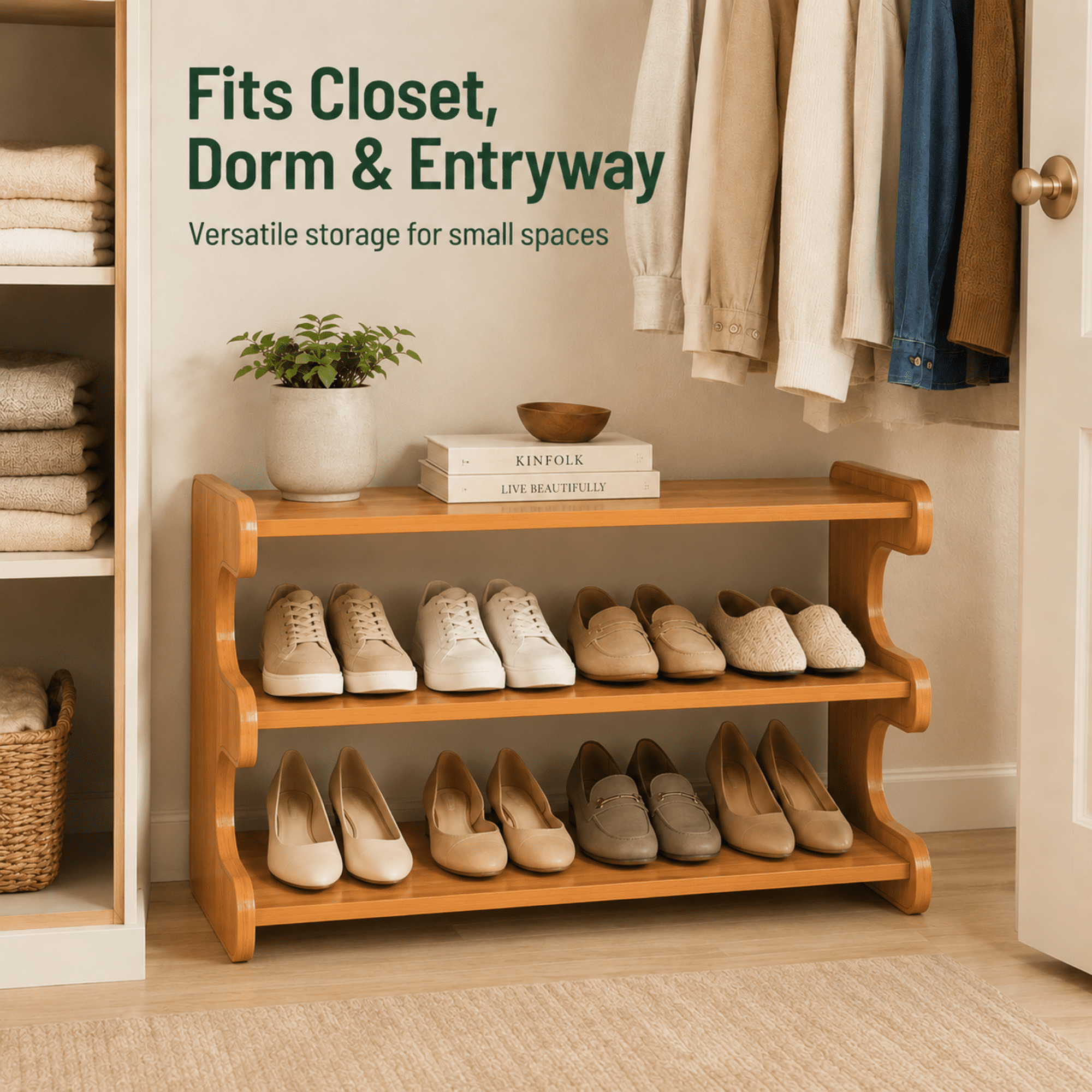 MEHOOM 3 Tier Bamboo Shoe Rack Organizer for Closet, Entryway, Dorm, Garage, Sturdy Shoe Storage Shelf, 28"x11"x14" (Natural)