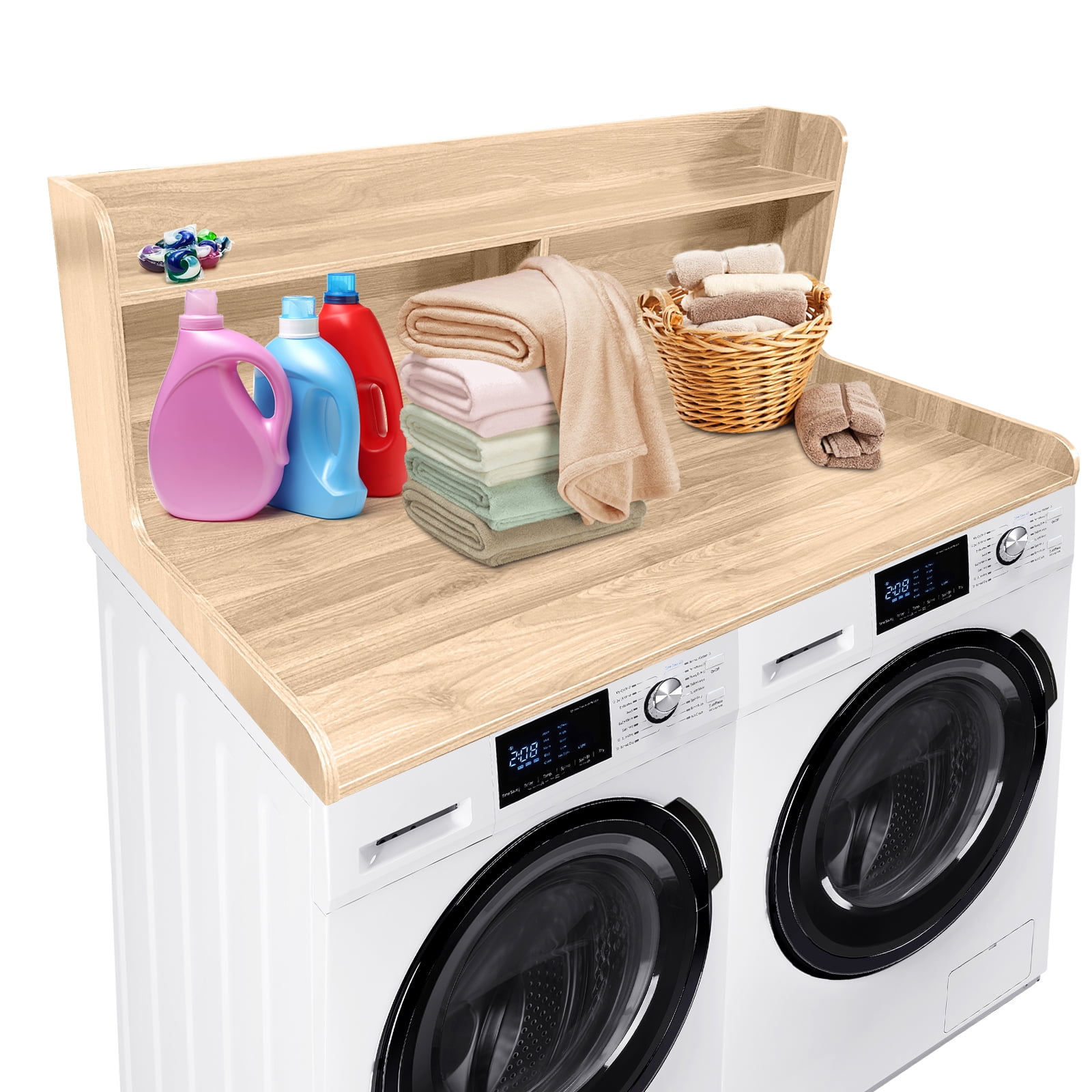 2-Tier Waterproof Wood Washer and Dryer Countertop Shelf - 54x27.5" Laundry Organizer with Raised Edge Rails, Non-Slip Pads, Large Storage for Laundry Room - White