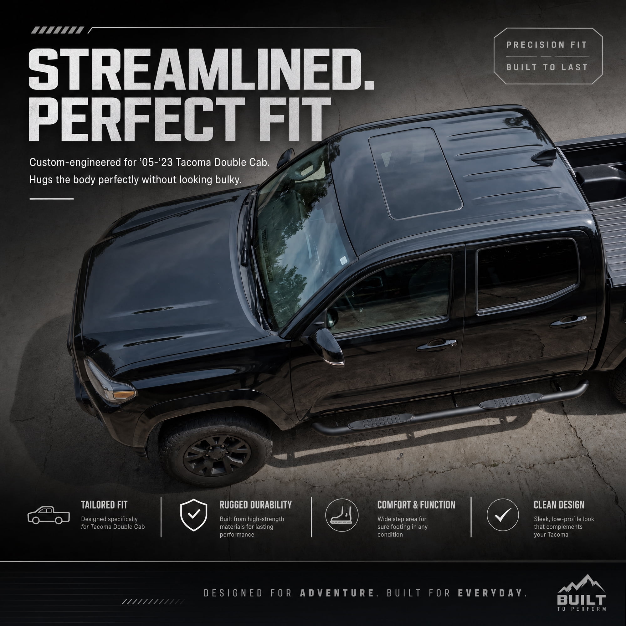 2-Piece 4-Inch Running Boards Side Steps for Toyota Tacoma 2005-2023 Crew Cab, Oval Straight Carbon Steel Nerf Bars with Black Powder Coat, Black