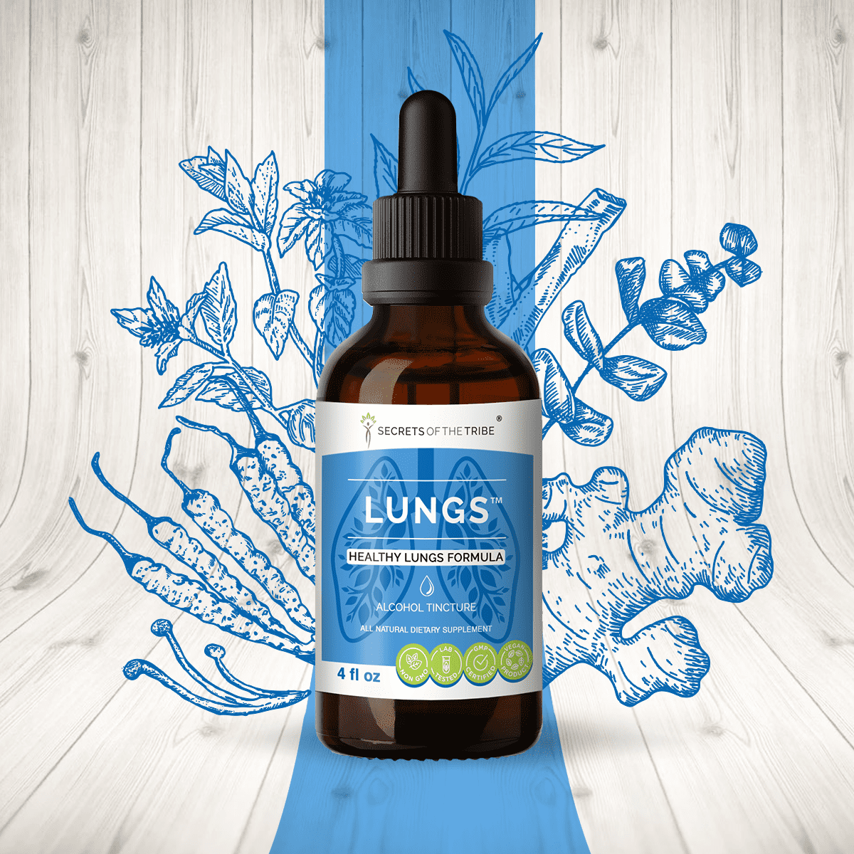 Lungs Alcohol Extract, Tincture, Osha, Peppermint, Eucalyptus, Lungwort