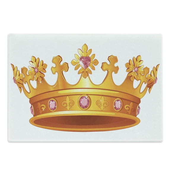 Queen Cutting Board, Crown with Pale Pink Gemstone Antique Tiara Nobility Cartoon, Decorative Tempered Glass Cutting and Serving Board, Large Size, Orange and Rose, by Ambesonne