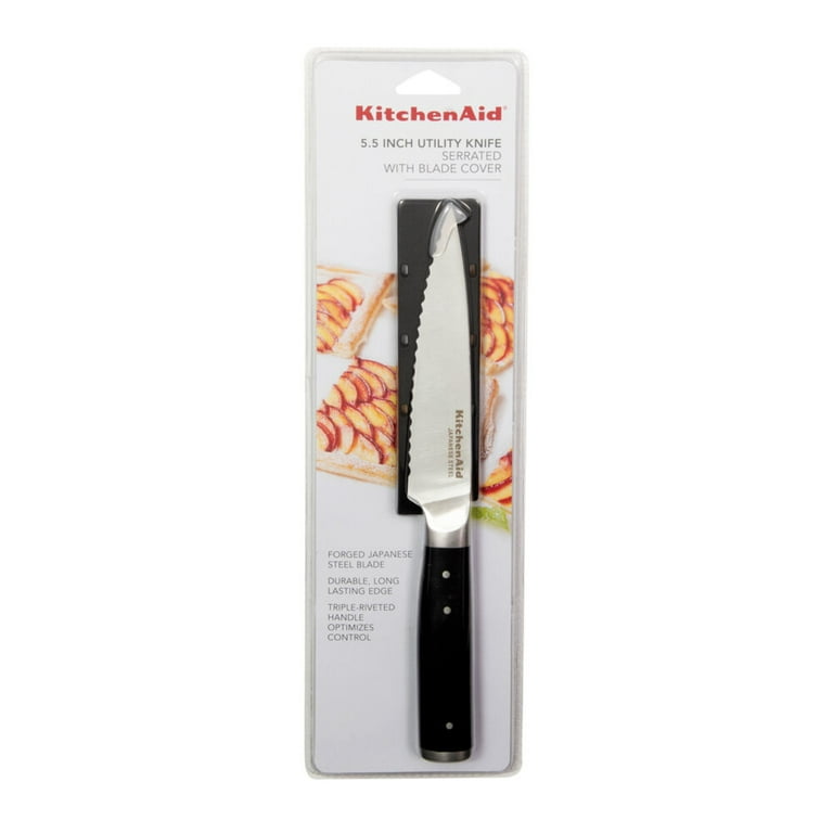 KitchenAid Classic Serrated Utility Knife with Custom Fit Blade Cover, 8  inch, Sharp Kitchen Knife, High Carbon Japanese Stainless Steel Blade, Black