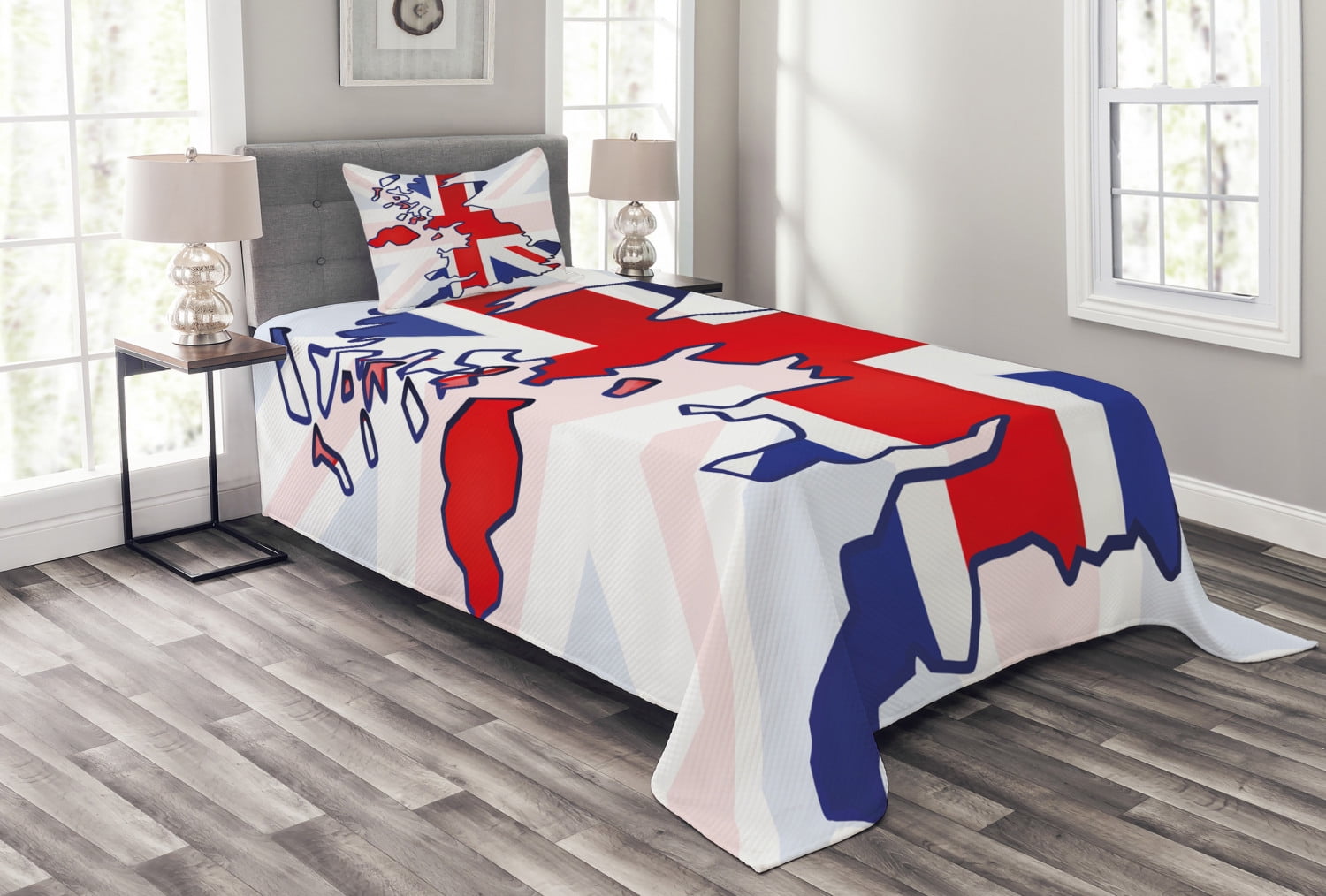 Union Jack Bedspread Set Twin Size, Faded United Kingdom Flag and