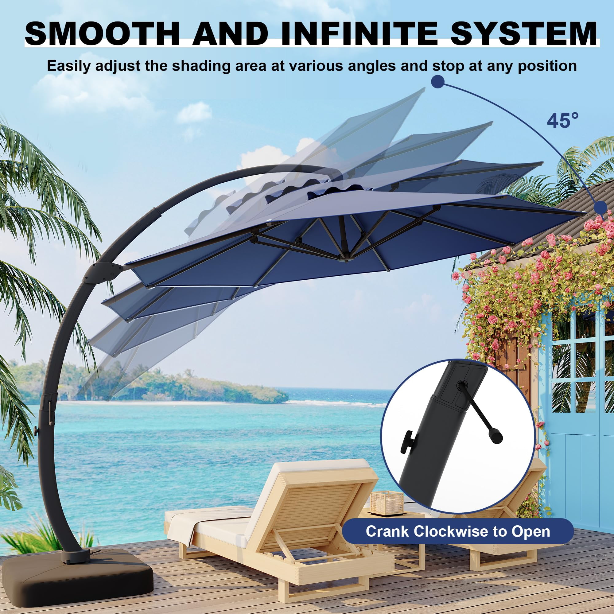 11FT Cantilever Patio Umbrella With Base Included, Round Large Aluminum Outdoor Cantilever, Heavy Duty Offset Umbrella with 360°Rotation for Pool, Deck, Backyard, Garden