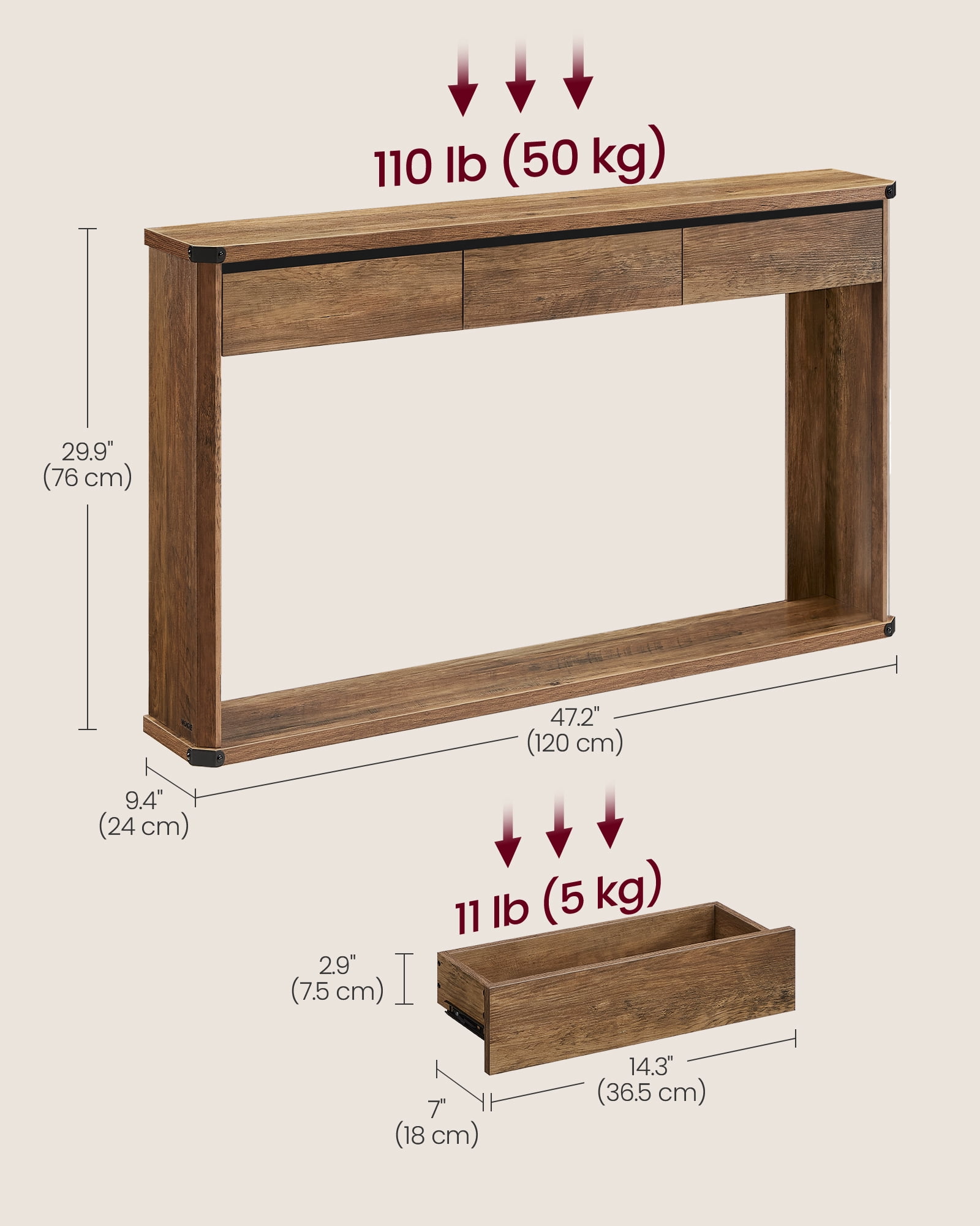 Console Table 47.2 Inches Sofa Table Narrow Entryway Table Entry Table with 3 Drawers Bottom Shelf Metal Corners Honey Brown