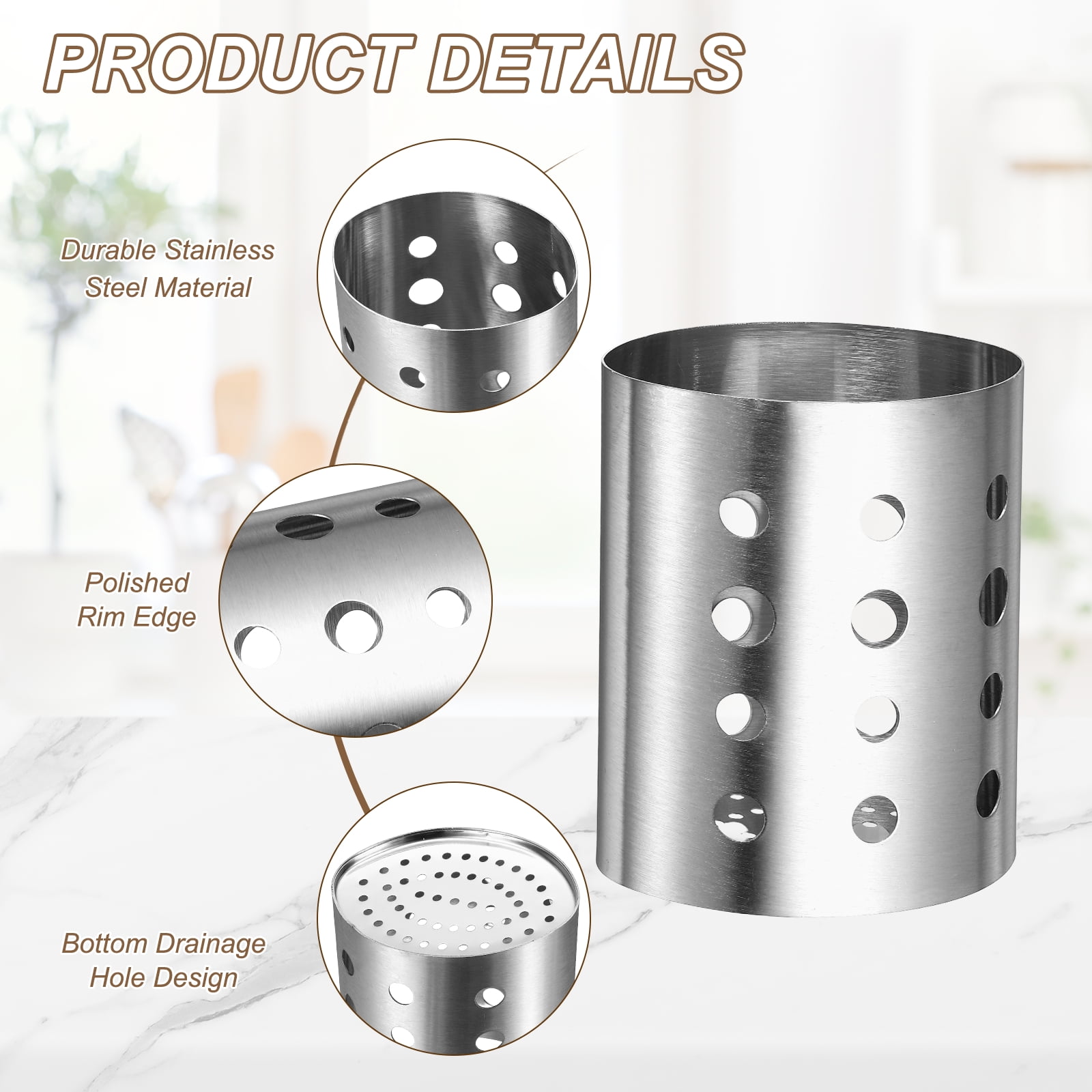 Uxcell Kitchen Utensil Holder, 3.9x5.5" Stainless Steel Utensil Cutlery Holder Round Flatware Organizer with Drain Hole for Kitchen Restaurant Countertop Straw, Spoon, Chopstick, Silver