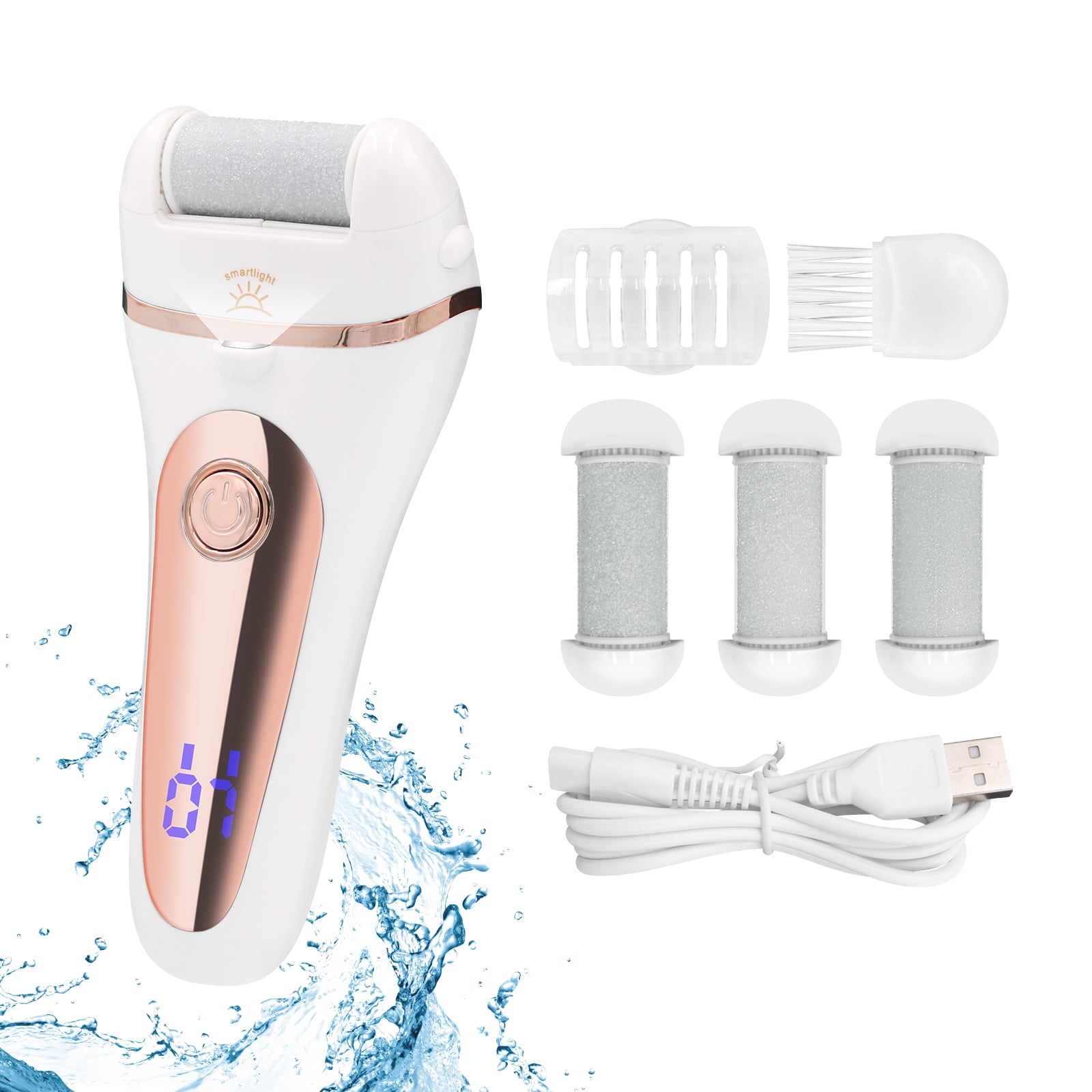 Pinkiou Electric Foot Callus Removers Feet Scrubber Dead Skin Remover Kit Electric Foot File Rechargeable Waterproof Electric Pedicure Tool for Cracked Heels with 3 Roller Heads