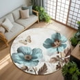 thumbnail image 3 of 7ft Round Rug, Vintage Flowers Non-Skid Rubber Backing Large Area Rugs - Living Room Bedroom Home Office, Teal Blue Floral Nature Butterfly Indoor Floor Mat Carpets Washable Rug, 3 of 9
