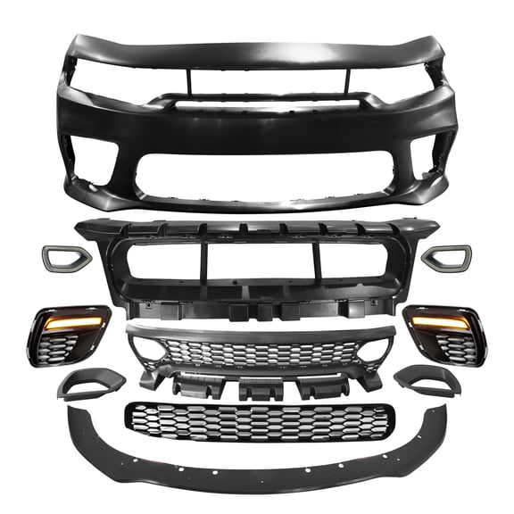 Ikon Motorsports Front Bumper Conversion W/ Matte Black Lip Compatible With 2015-2023 Dodge Charger Widebody Style Front Bumper Cover & SRT Style Upper Lower Grille & Foglight Covers W/ Light Lamp