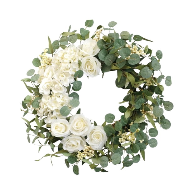Corona de eucalipto artificial, corona de flores para puerta de entrada, hecha a mano, primavera y verano. 45cm