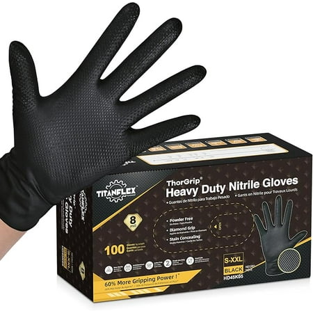 TitanFlex ThorGrip Heavy Duty Black Industrial Nitrile Gloves, 8-mil, XL, Box of 100, Latex Free, Raised Diamond Texture, Powder Free, Food Safe, Rubber Gloves, Mechanic Gloves