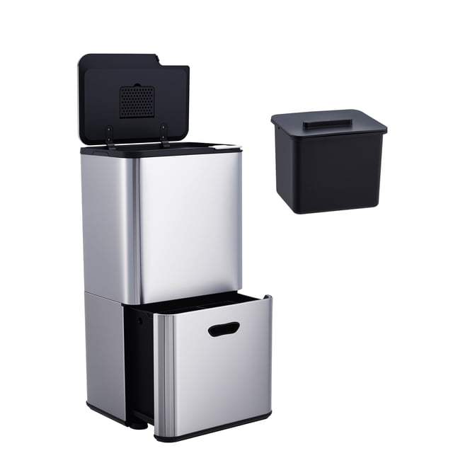 BeesClover Stainless Steel 16 Gallon Trash & Recycle Bin Combo, Rectangular Dual Compartment Can with Compost Bin and Odor Filter