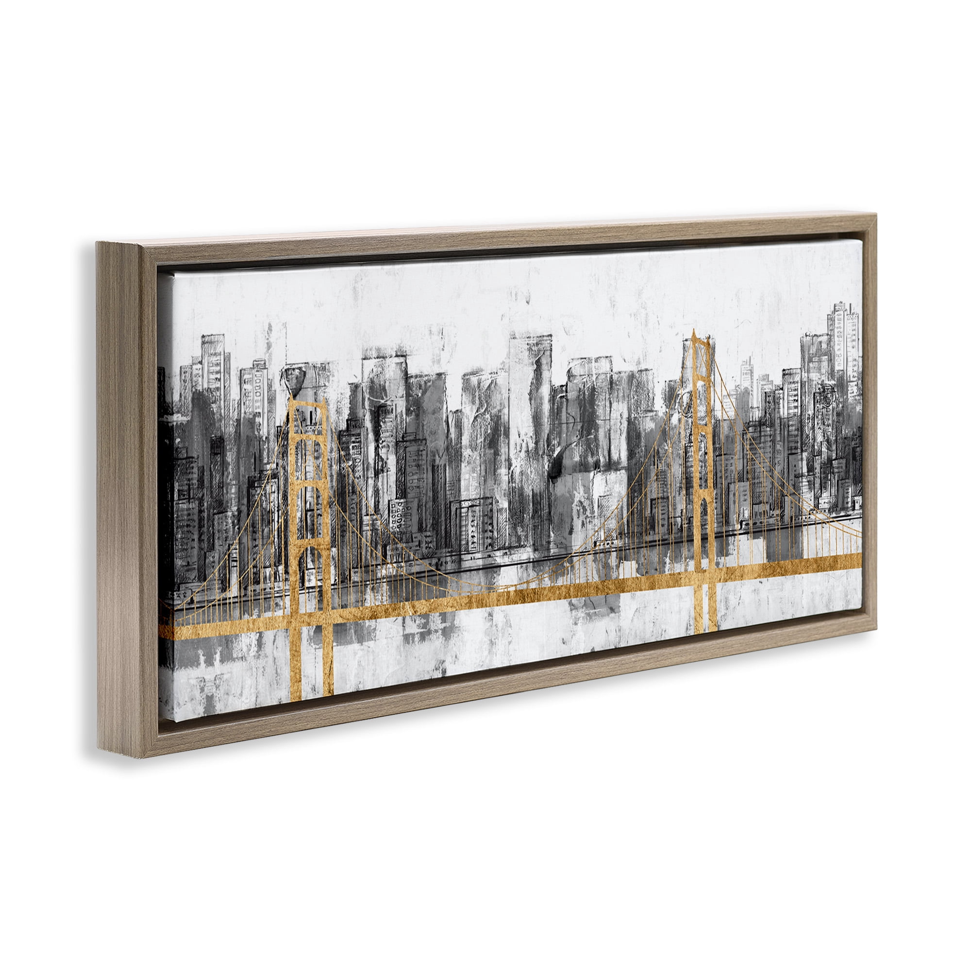 Stupell Industries Urban Golden Bridge Cityscape Abstract Painting Brown Floater Framed Canvas Art Print Wall Art, 31 x 14