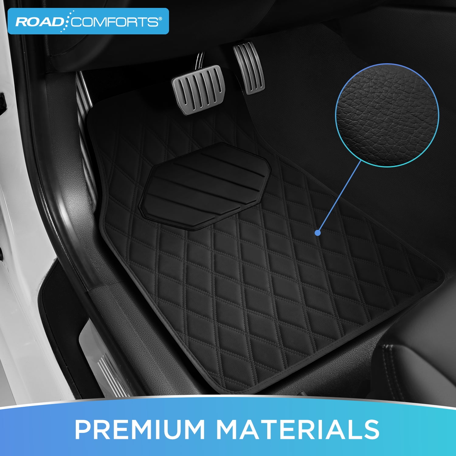 Road Comforts 4PC Leather Quilted Car Floor Mats, Stylish, Durable, Waterproof, Non-Slip, Full Coverage for Cars and SUVs Black