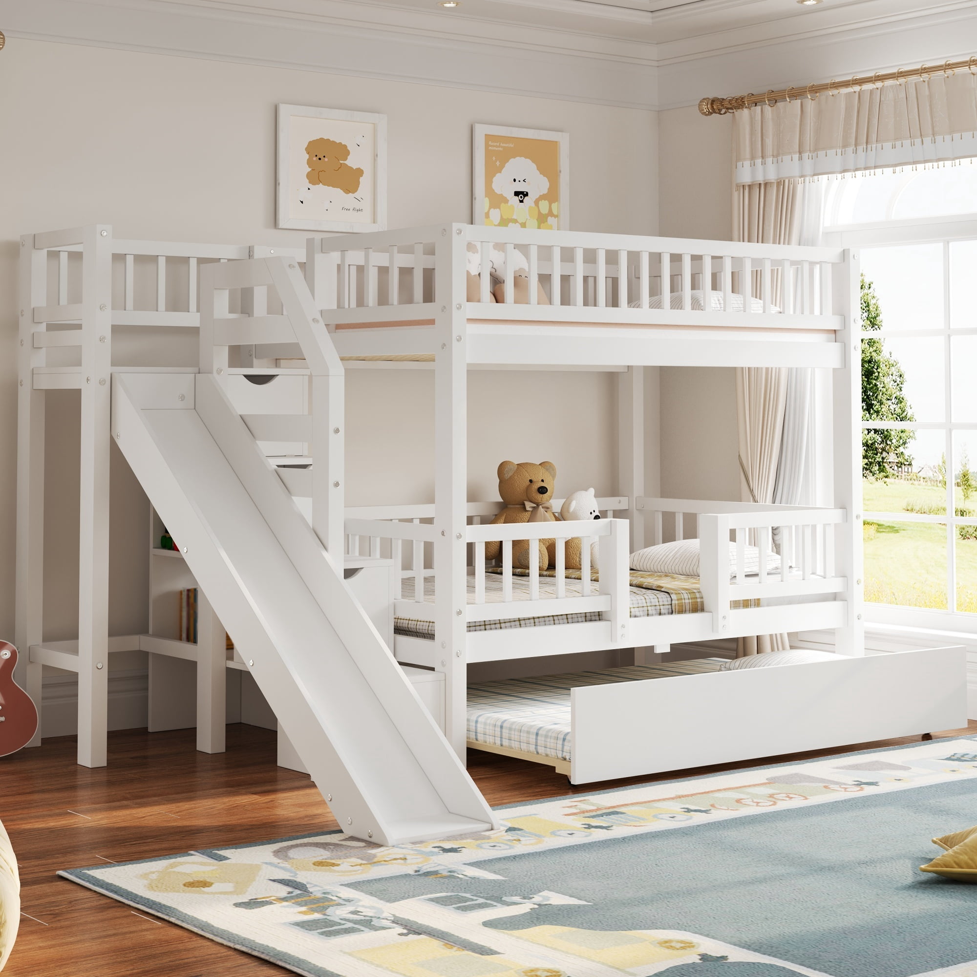 Euroco Wood Twin over Twin Bunk Bed with Trundle, 3 Beds in 1 with Storage Staircase and Slide, No Box Spring Needed, White