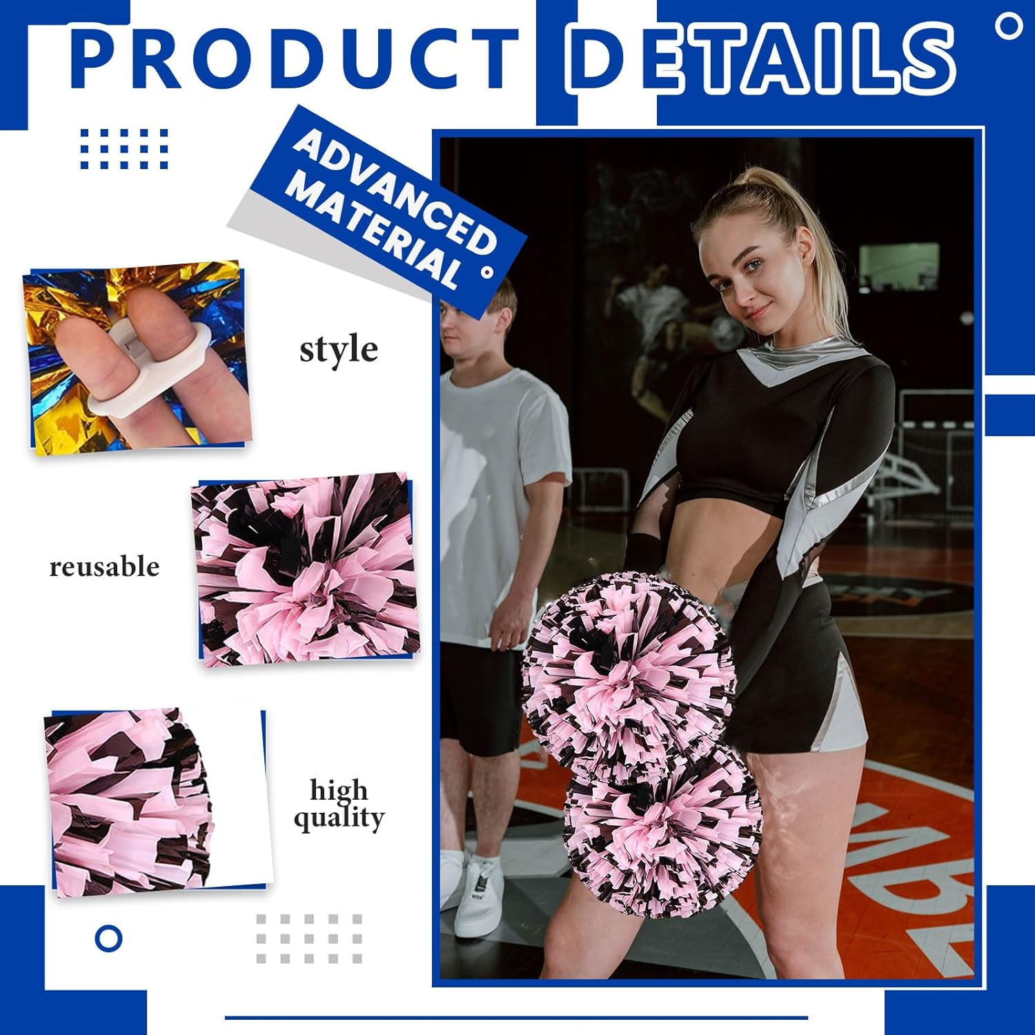 Cheerleader Pom Poms 12 Pack Sports Dance Cheering Plastic Metallic Cheerleading Pom Poms for Kids Adults-Ring Style