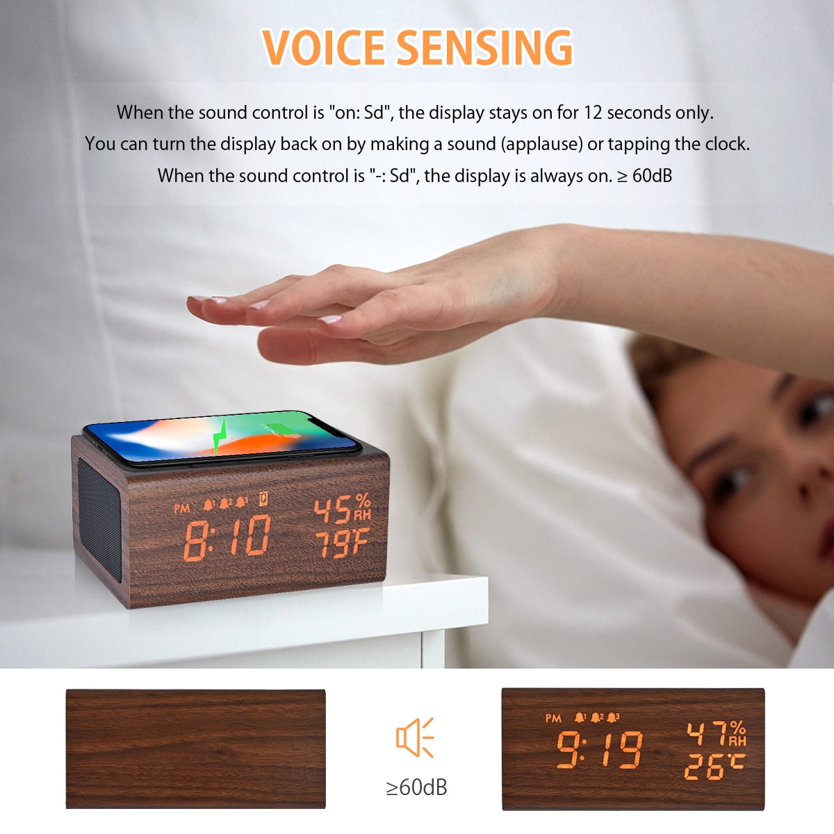 ELECTIME Wooden Digital Alarm Clock with Wireless Charging, Bluetooth Speaker, Temperature, Humidity