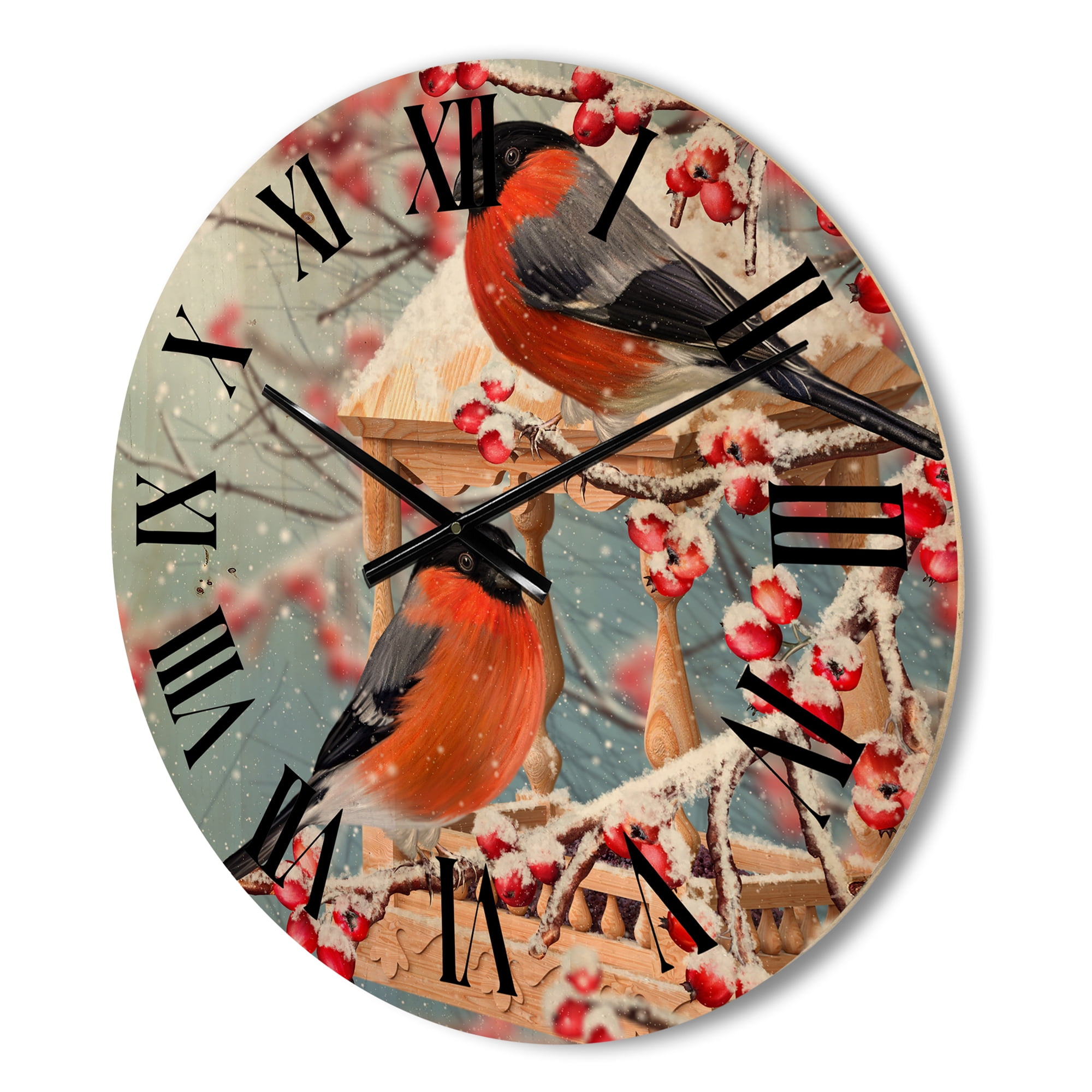 Designart 'Two Tits Sit On A Snow-Covered Berries Branch ' Traditional Wood Wall Clock
