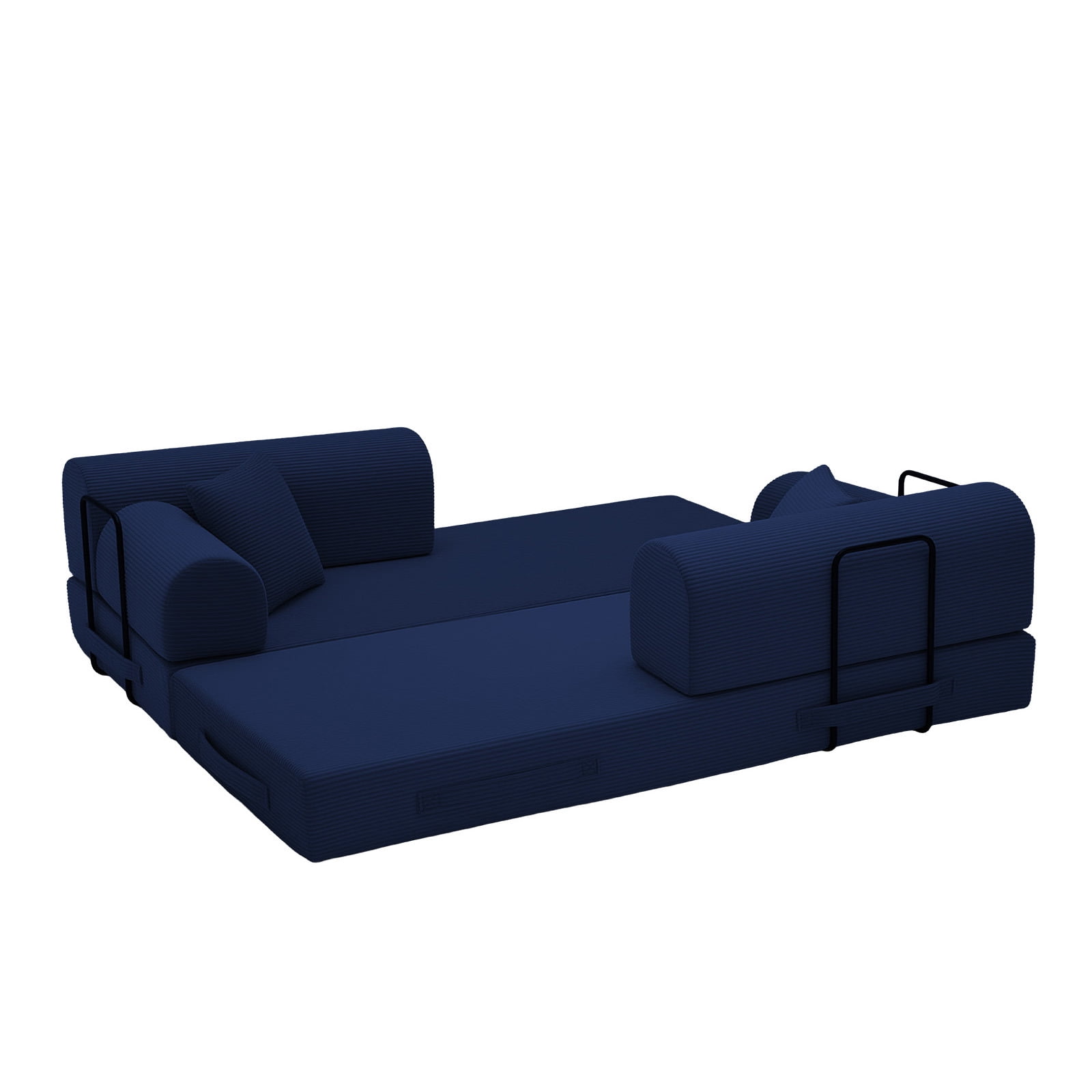 Hommoo Modern Convertible Sleeper Sofa Couch Bed, Compressed Corduroy Fabric Floor Sofa Couch with Fixed-Shape Frame, Blue