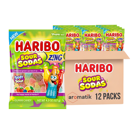 HARIBO Gummi Candy Sour Sodas | 4.5-Ounce Bags, Pack of 12 | Sweet & Sour Soda-Flavored Gummies | Ships in an Aromatik™ Damage Proof Box