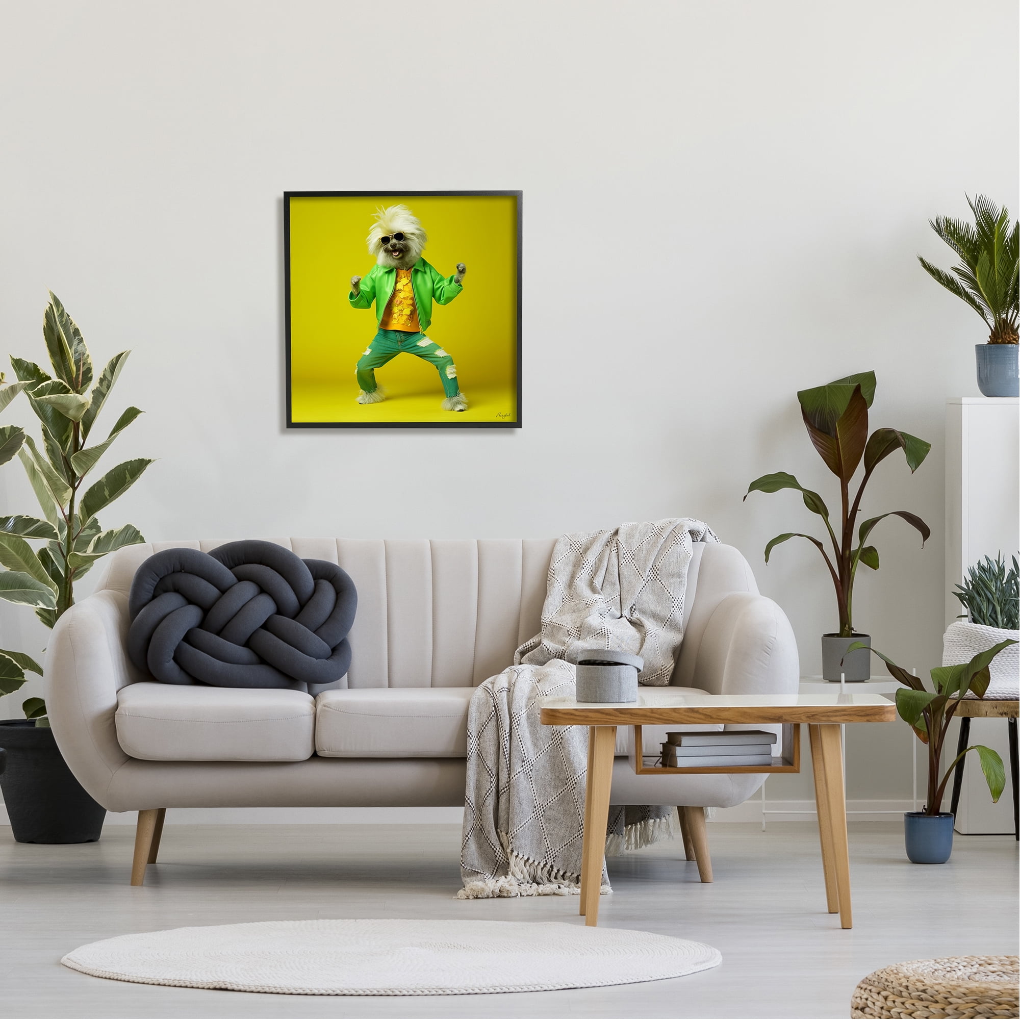 Stupell Industries Dancing Dog in Green Animals & Insects Painting Black Framed Art Print Wall Art, 24 x 24