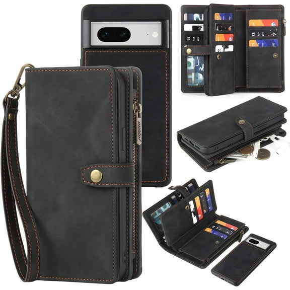 for Google Pixel 7 Wallet Case with Card Holder & Detachable Magnetic Phone case, PU Leather Shockproof Protective Case Wallet for Women/Men,Phone Case Wallet with Wrist Strap(Black)