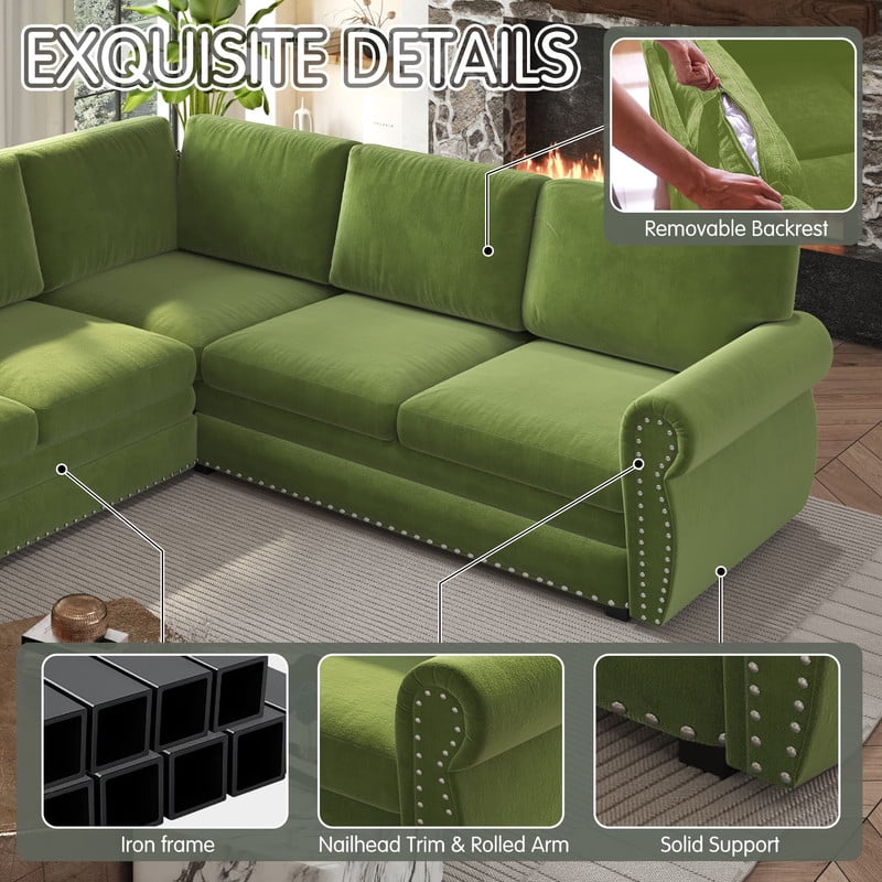 118" L-Shaped Convertible Sleeper Couch Bed, Chenille Upholstered Sectional Sofa with Pull-Out Sofa Bed, Modern Chesterfield Sofa for Living Room